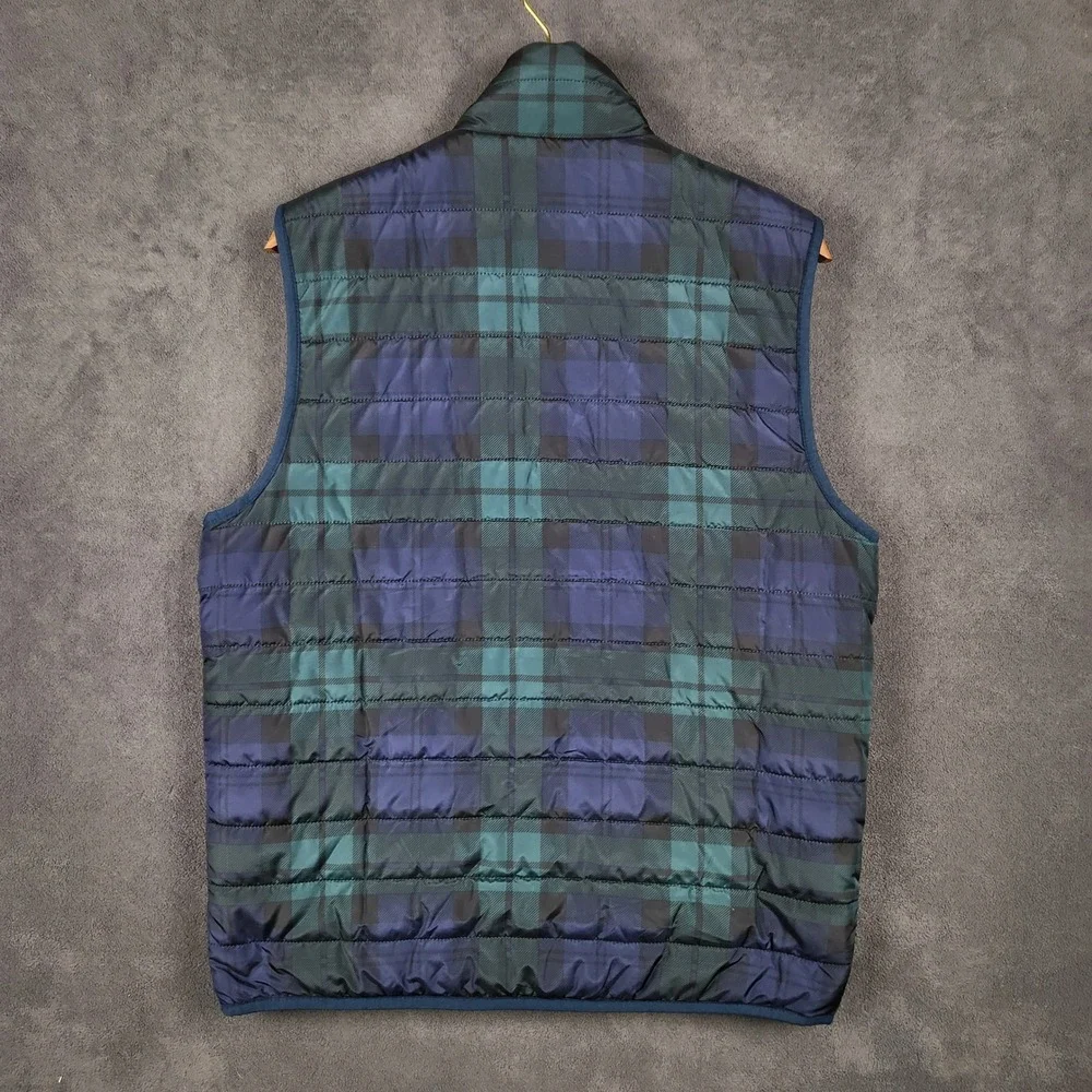 Brooks Brothers Black Watch Quilted Puffer Vest Mens Small Navy Plaid Reversible